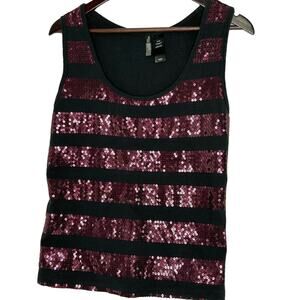Bisou Bisou Plum Sequin Tank Black Stripes XL Glam Holiday Top Dressy Y2K Bling